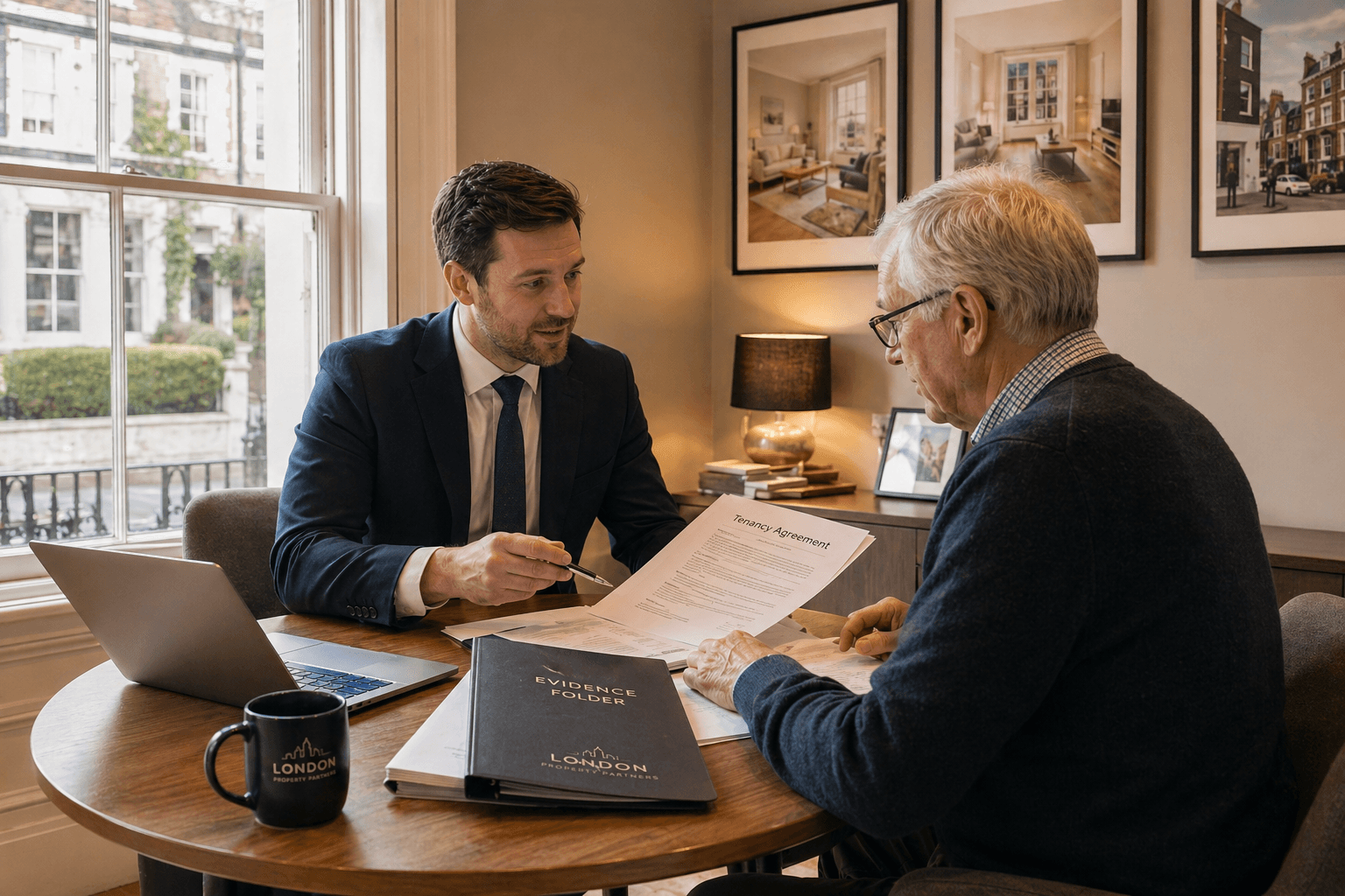 Letting agent reviewing Section 8 evidence folder and tenancy agreement with landlord