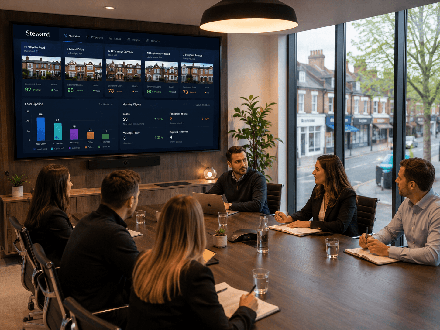 Letting agency team in a strategy meeting reviewing customer experience performance