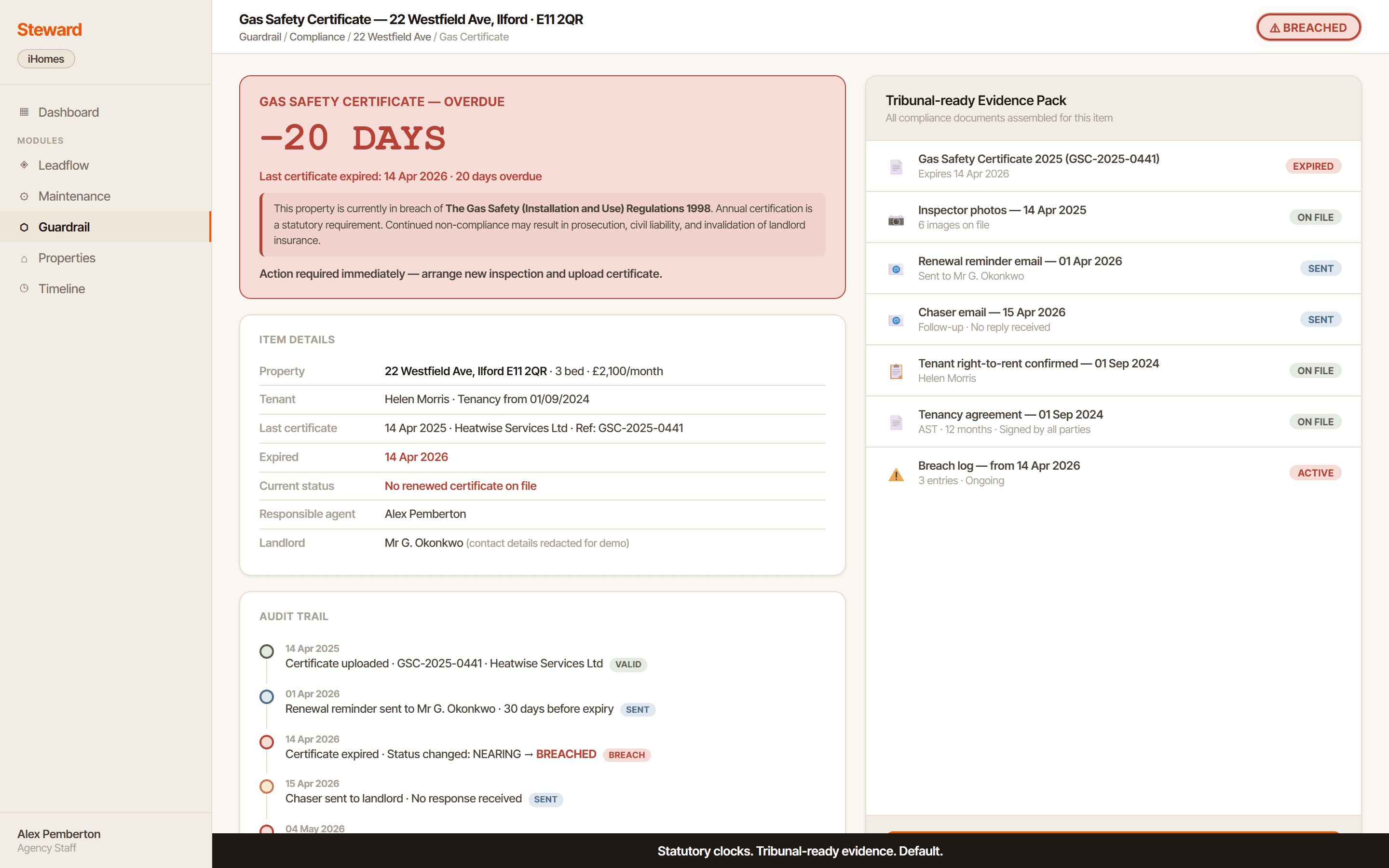 Aegis compliance item detail showing statutory clocks and tribunal-ready evidence pack