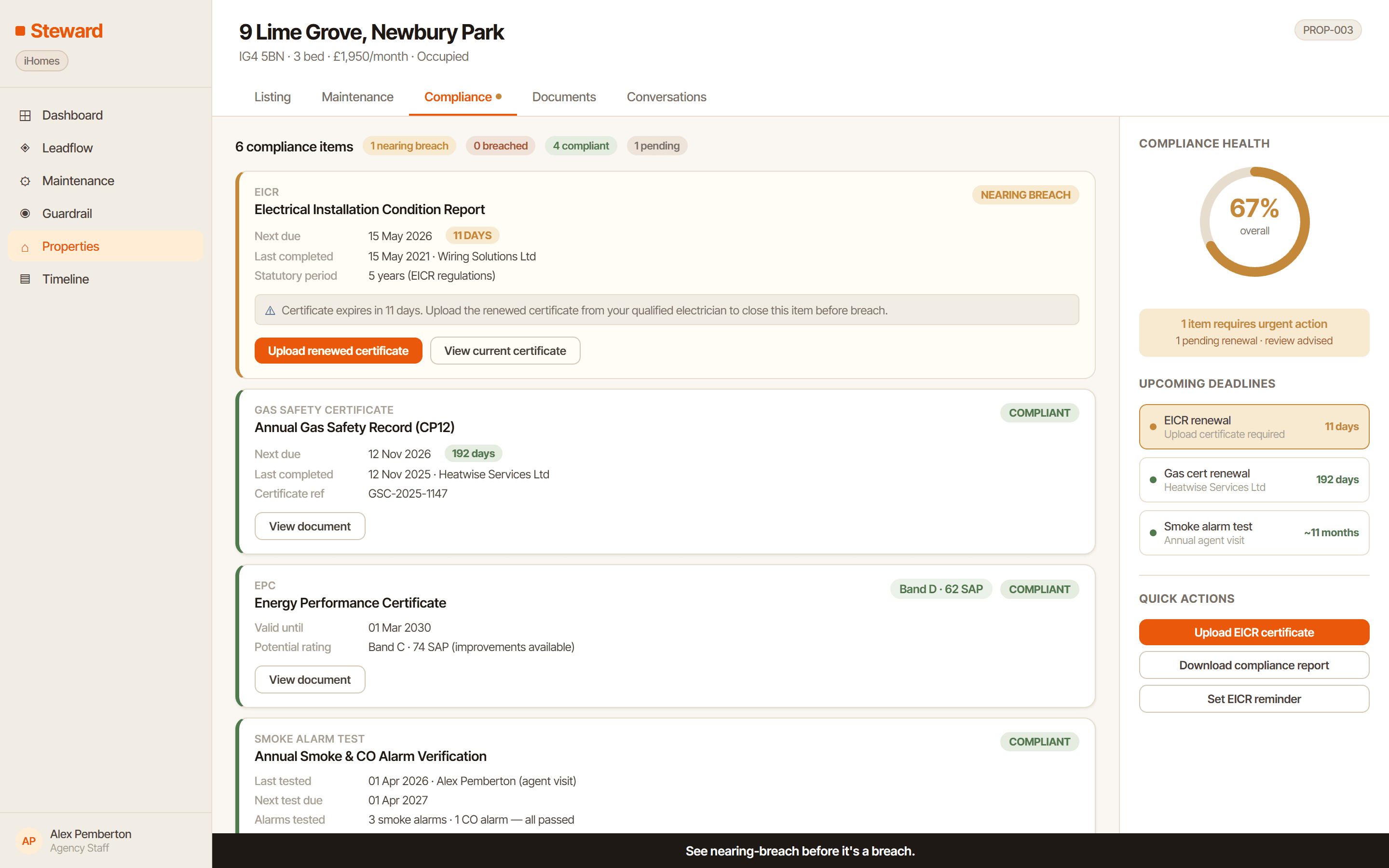 Aegis property compliance tab showing items nearing breach threshold