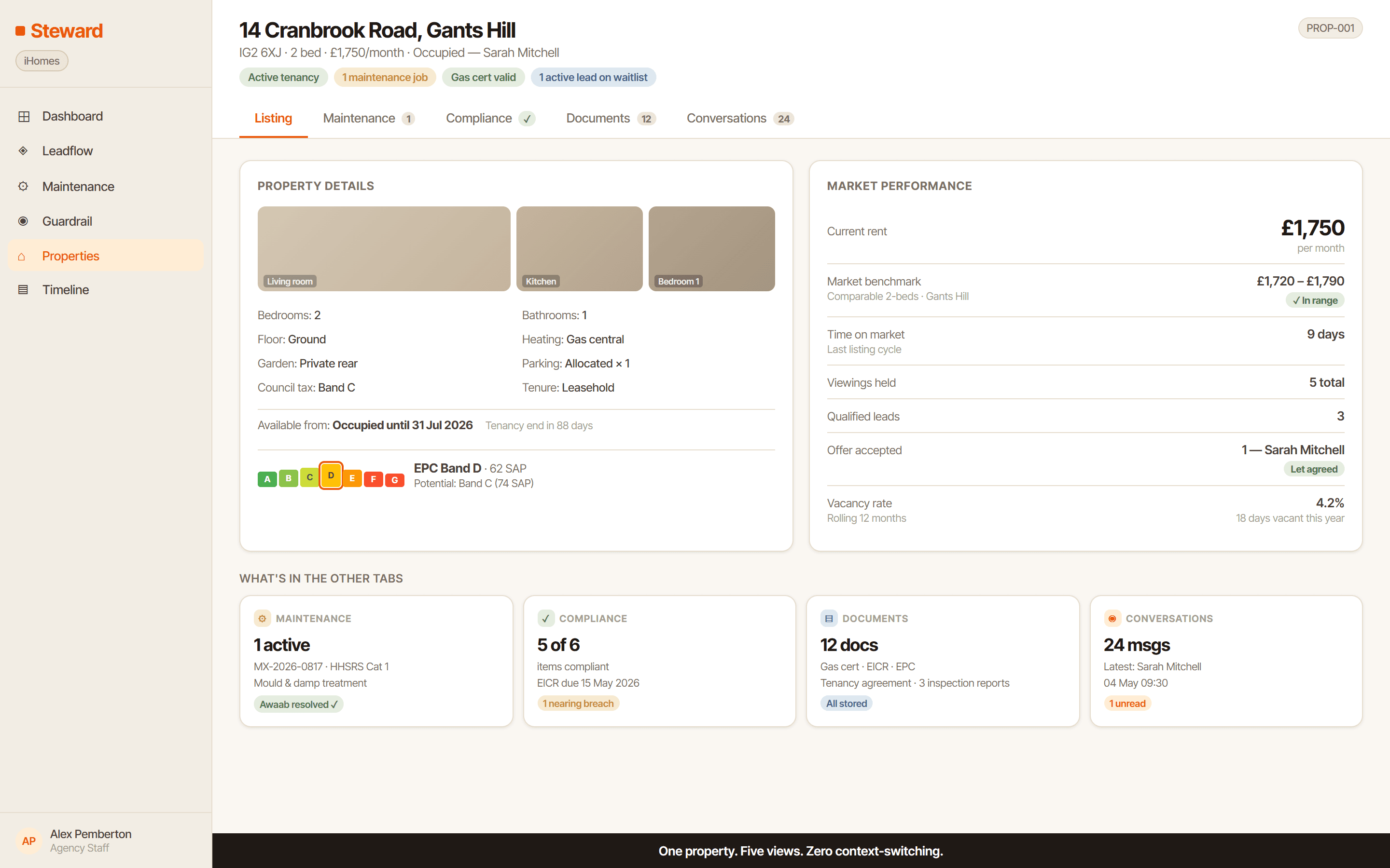 Aegis property detail overview showing all compliance, maintenance and tenancy information
