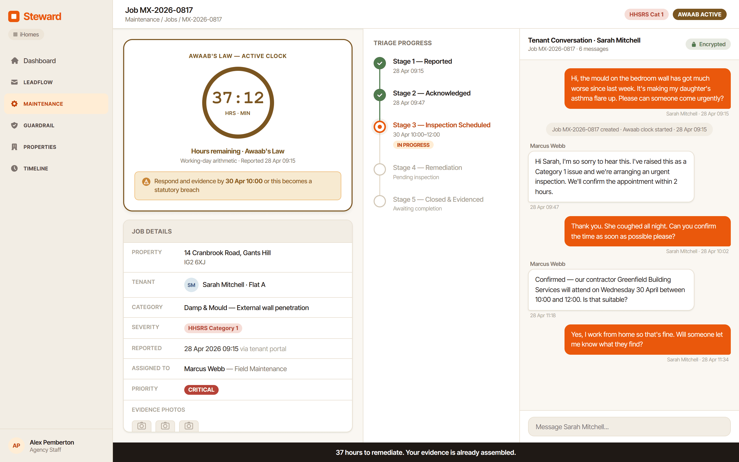 Atlas job view showing live Awaab's Law compliance clock with 37 hours remaining