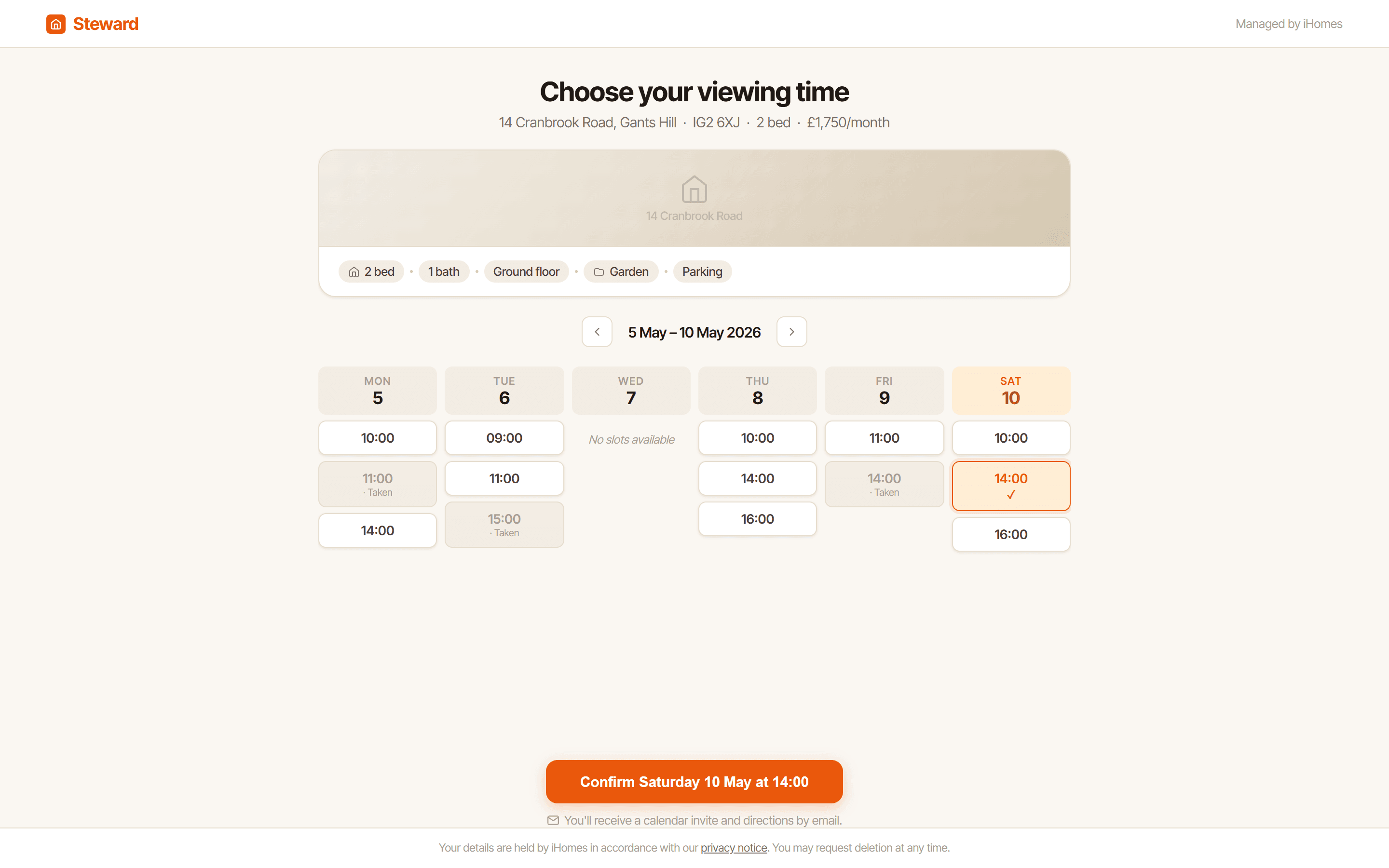 Prospect booking a viewing slot directly — diary fills automatically