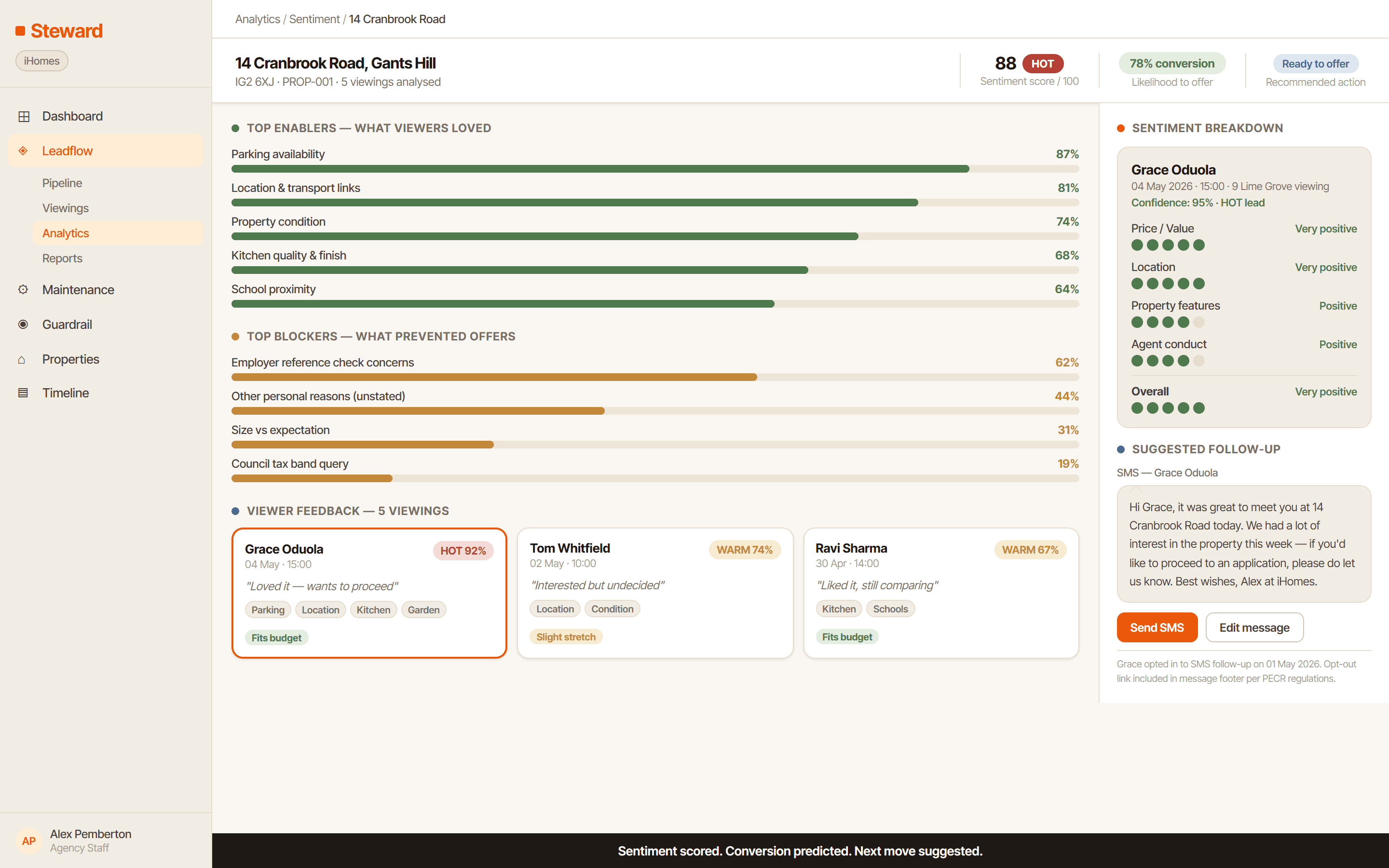 Pulse property sentiment detail showing scored applicant interactions and conversion prediction