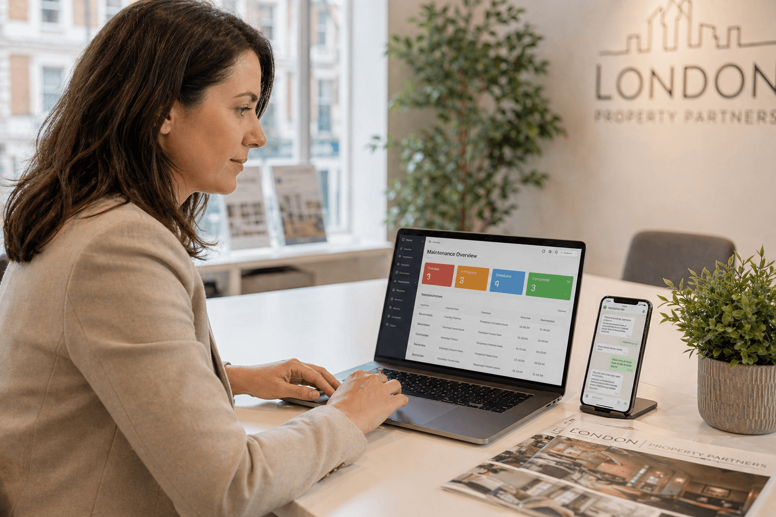 Property manager reviewing the morning pipeline dashboard in a London letting agency
